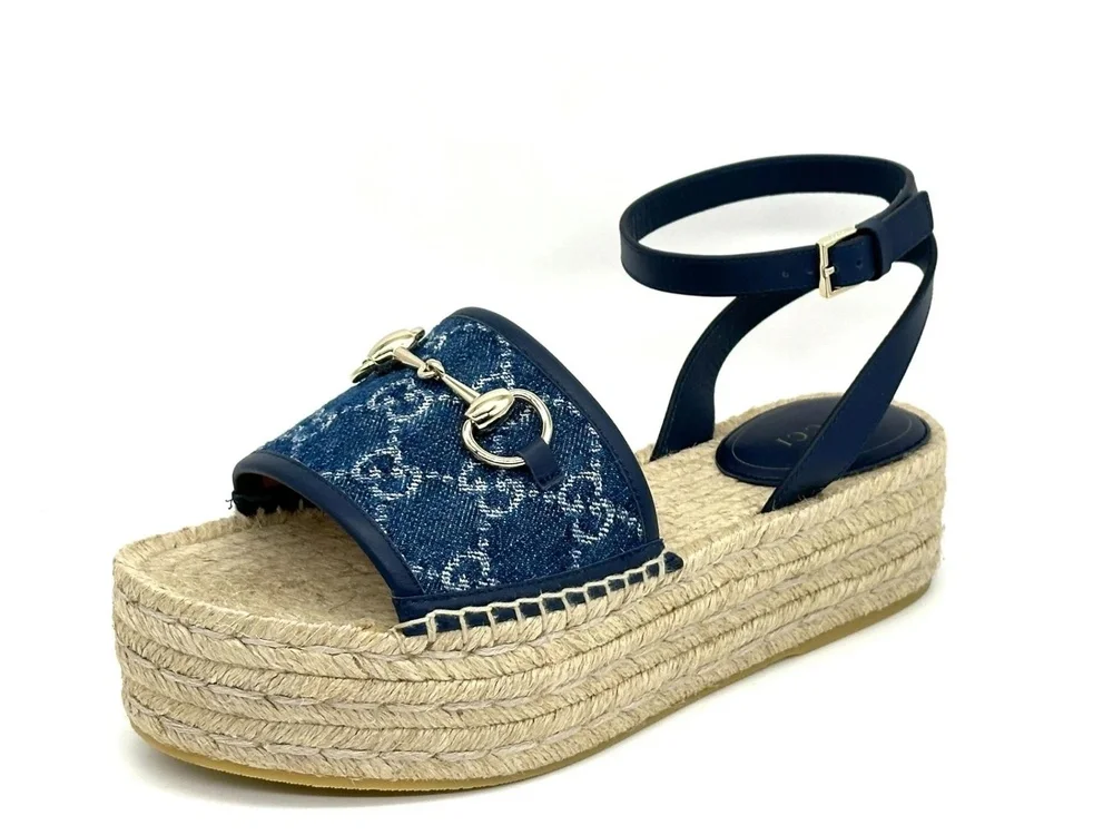 Gucci Paloma Horsebit GG Platform Espadrille Wedge Heel Ankle Strap Sandals - Picture 6 of 15